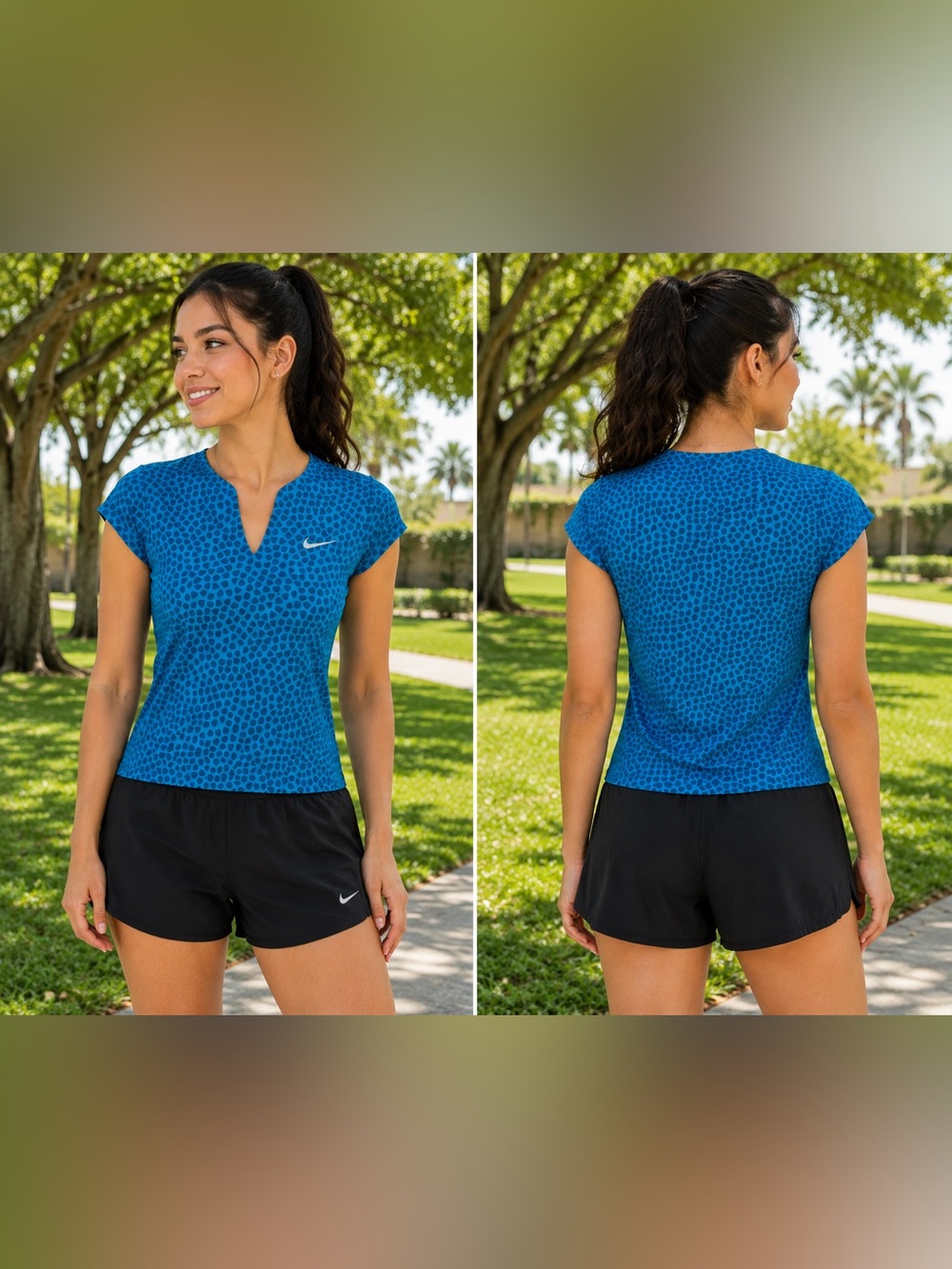 Nike Dri-FIT Women’s Tennis Top Blue Geometric Print Short Sleeve Size S NWT
